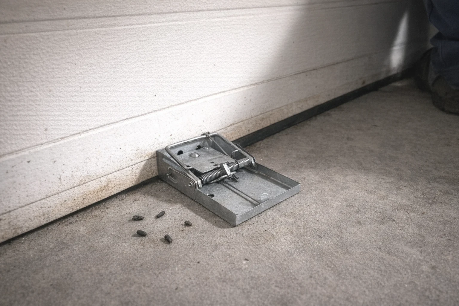 Rodent trap on concrete floor with droppings nearby for pest control