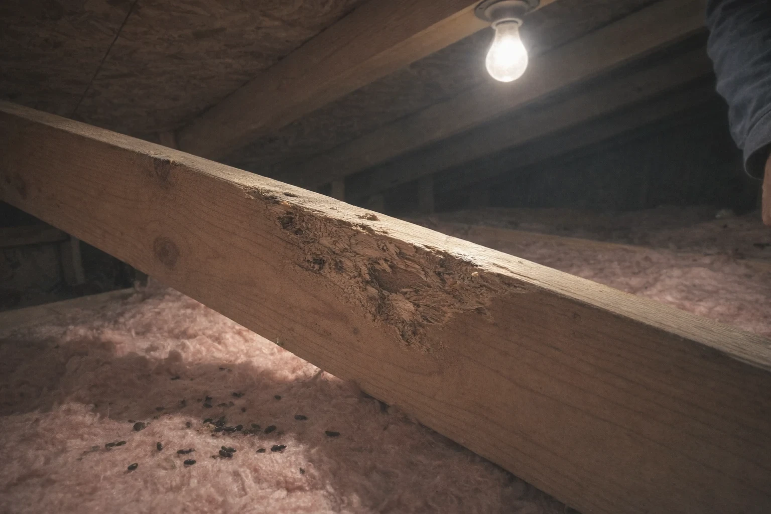 Damaged wooden beam in an attic from termite infestation