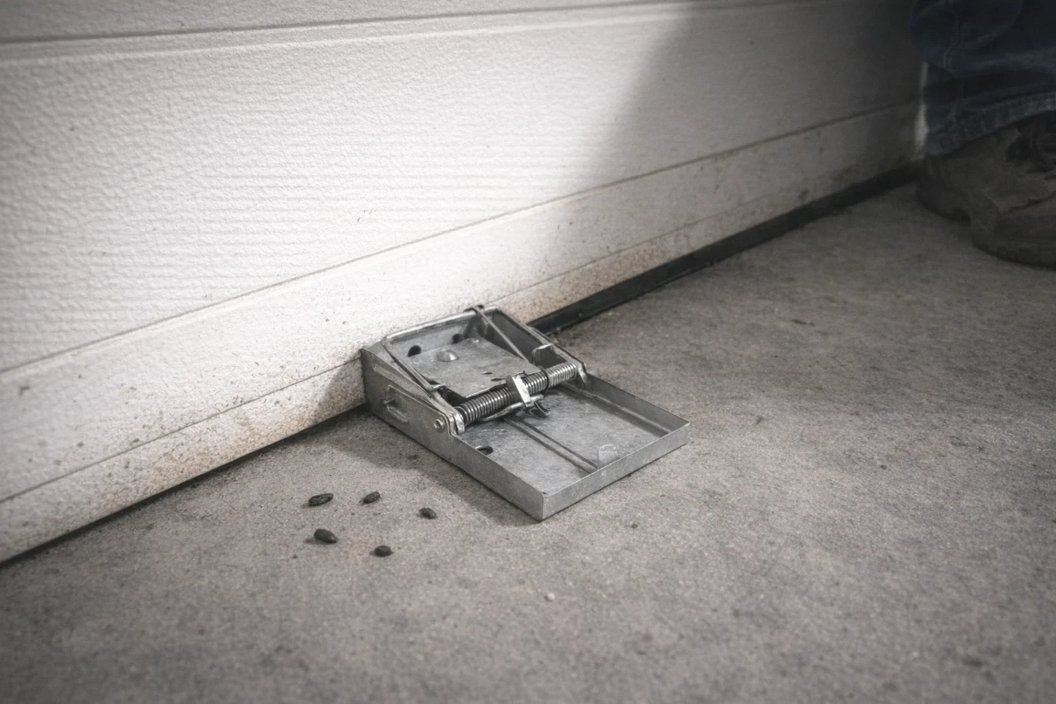 Mouse trap on indoor concrete floor with droppings nearby.