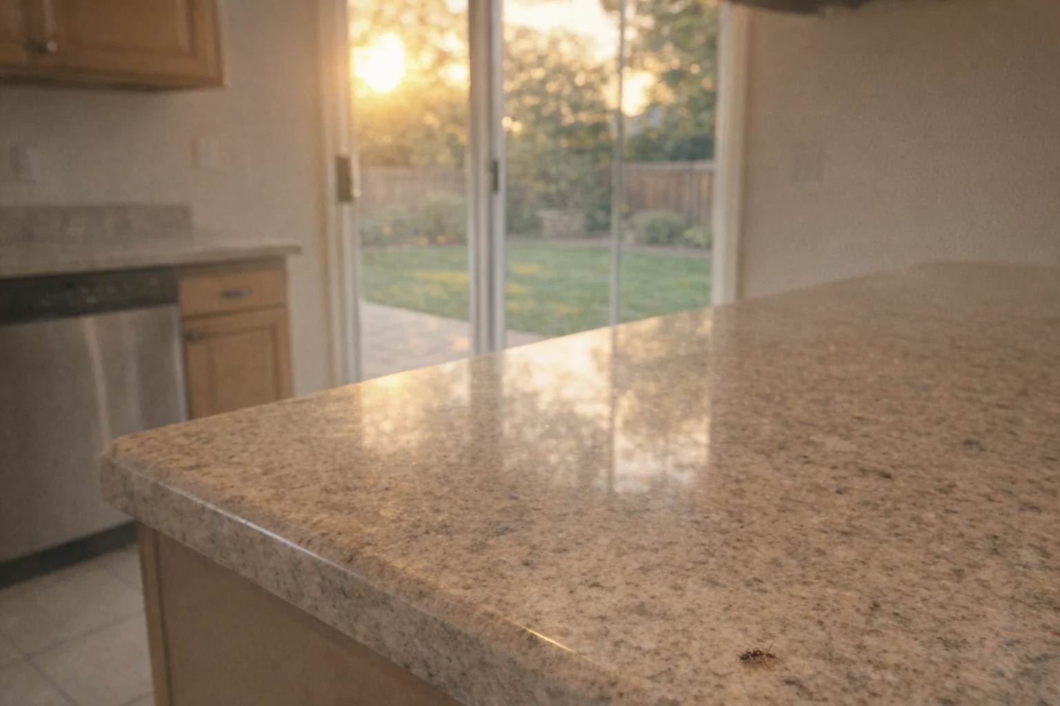 Granite countertop in a kitchen with an ant and a sunset view.