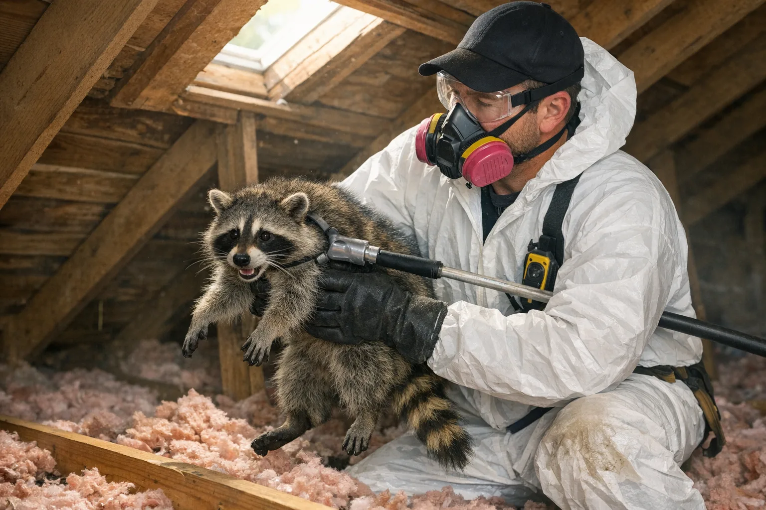 Pest control worker removing a raccoon from an attic.