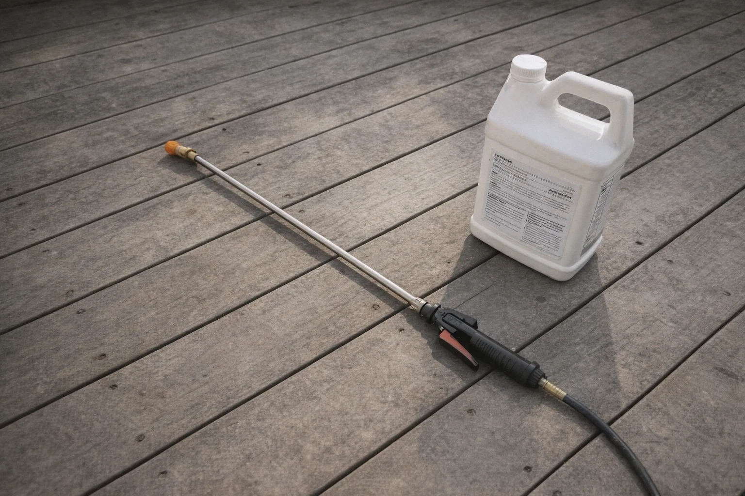 Pest control sprayer and chemical container on a wooden deck.